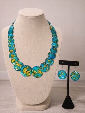Handcrafted Turquoise and Yellow Disc Necklace with Matching Earrings
